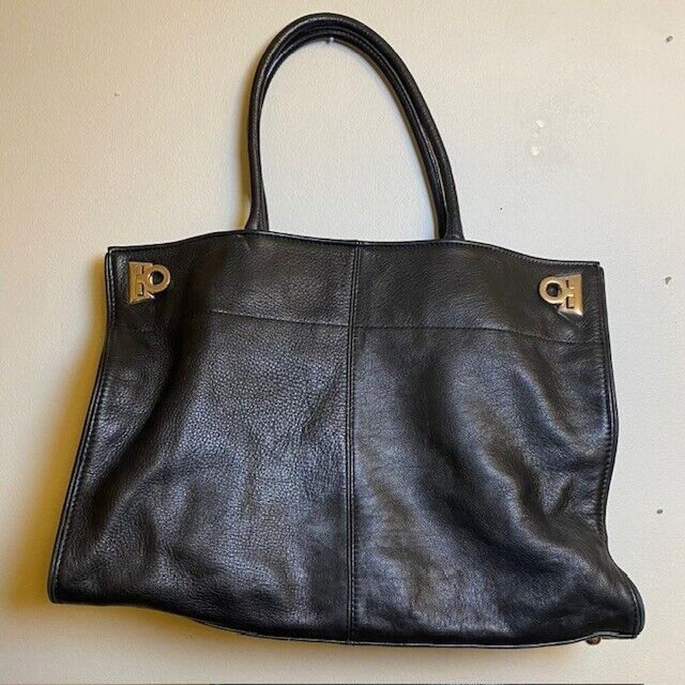 LEVENGER Black Pebbled Leather Large Tote Shoulder Bag Purse Silver Hardware